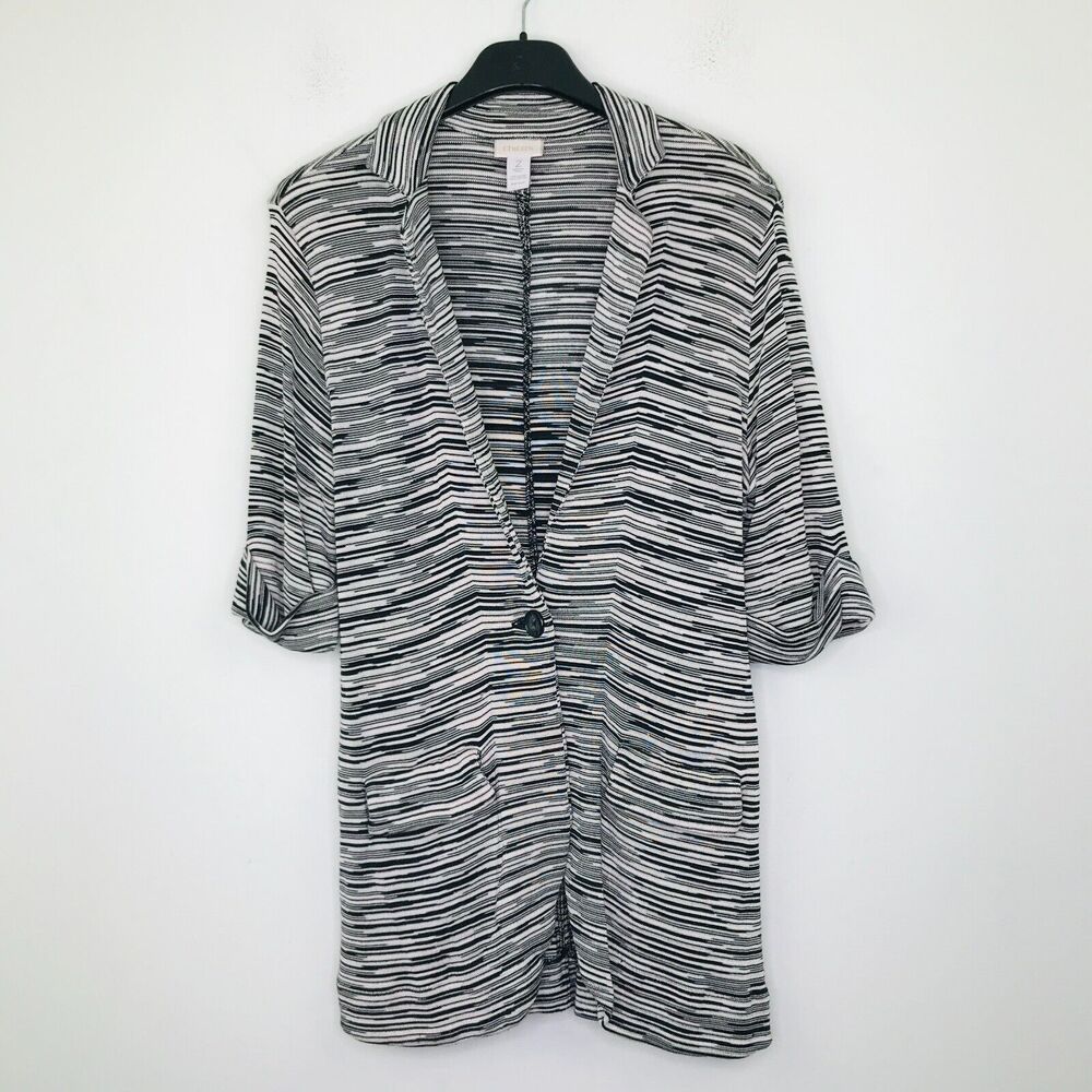 Chico's 2 Women's 12 Blazer Sweater Black White Striped Knit Half Sleeve CB22